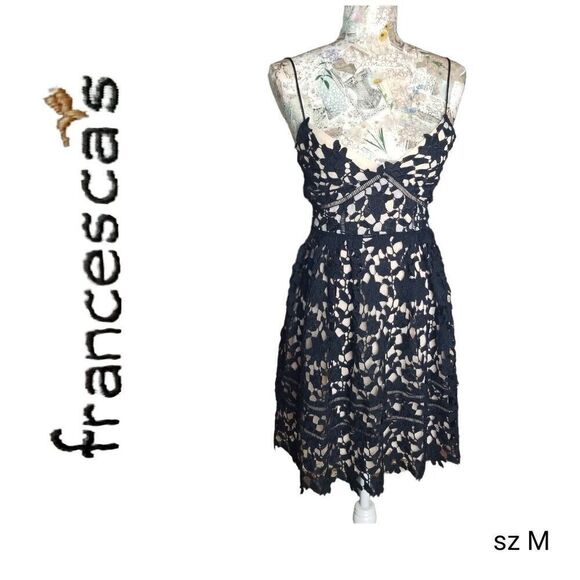 Francesca's Spaghetti Strap Crochet Lace Sheer Little Black Dress Mini - Picture 2 of 11